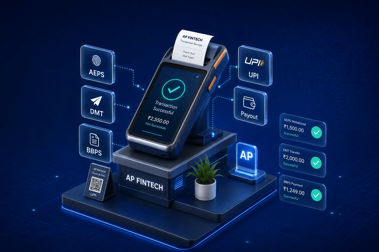 AutoPay device showing AEPS, DMT, BBPS, UPI and Payout services with successful transactions