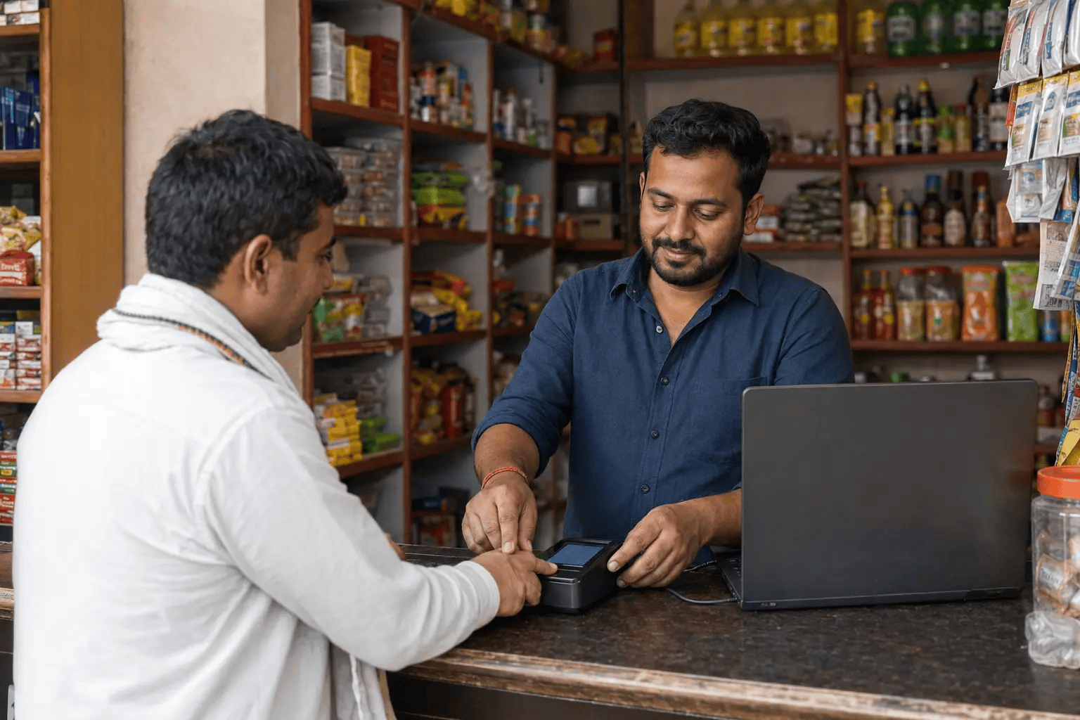 Retailer helping a customer complete a secure AEPS transaction at their shop counter